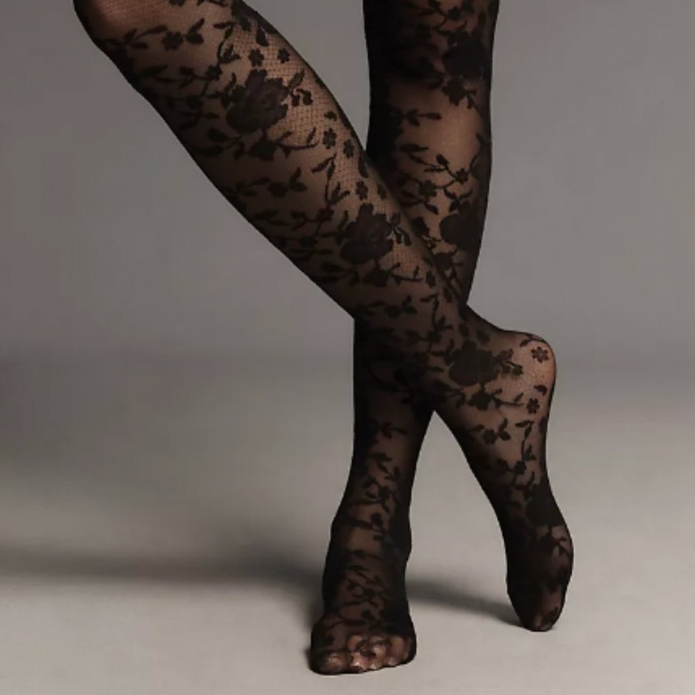 ANTHROPOLOGIE Tulle Rossette Lace Floral Tights Black S L XL Plus NEW - Picture 2 of 3